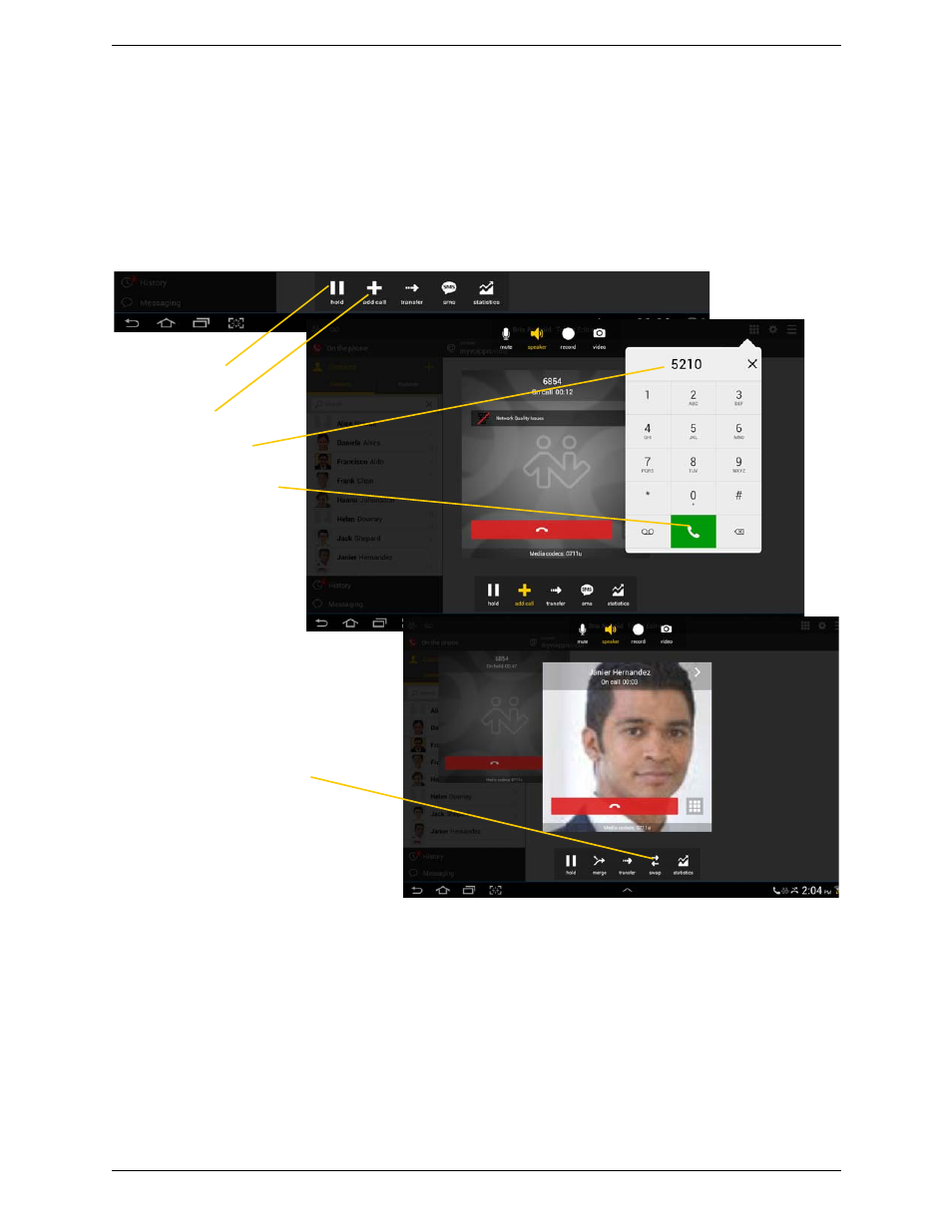 6 placing a second bria call, Placing a second bria call, Using the dialpad | CounterPath Bria Android Tablet Edition 3.0 User Guide User Manual | Page 24 / 70