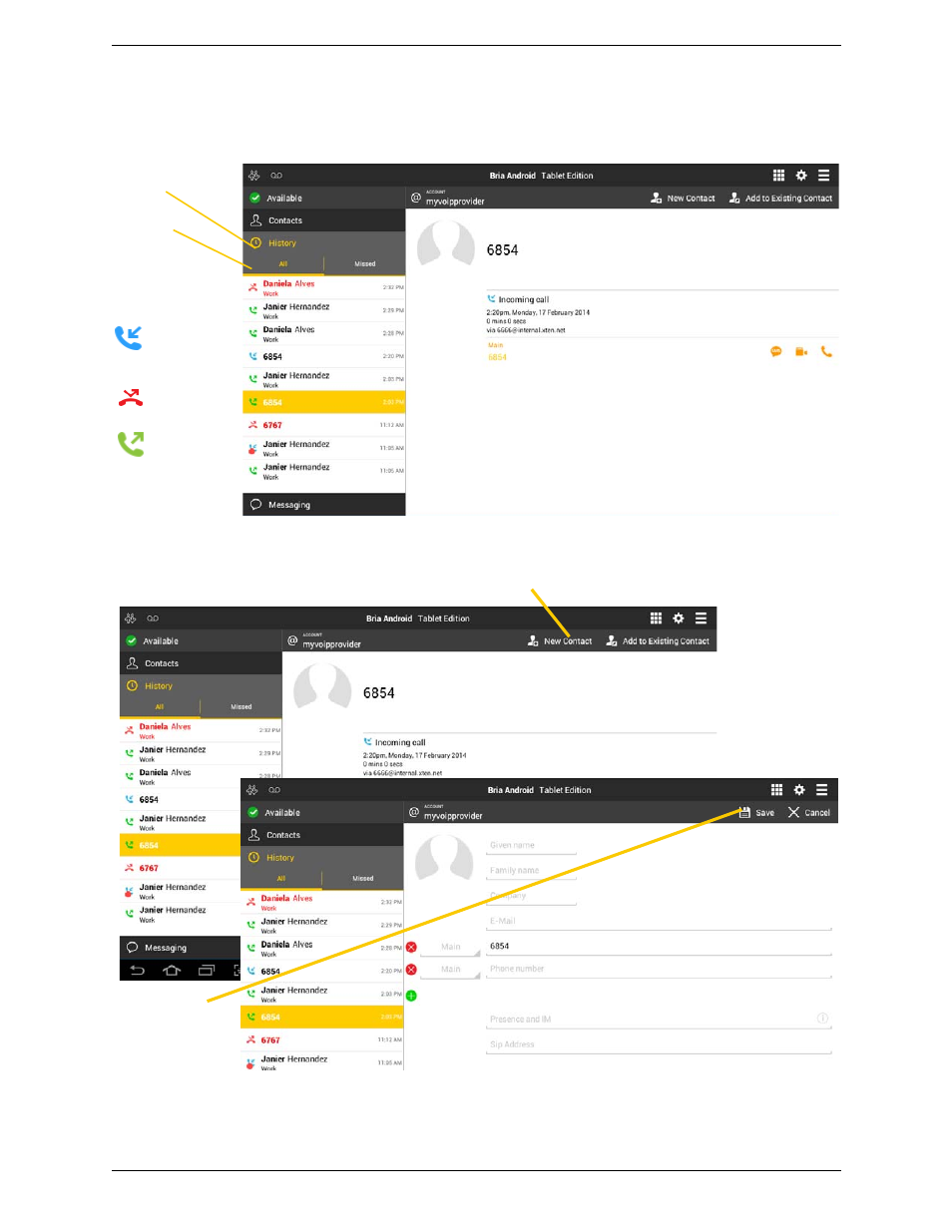 11 history, History, Adding a contact from the history | CounterPath Bria Android Tablet Edition 3.0 User Guide User Manual | Page 30 / 70
