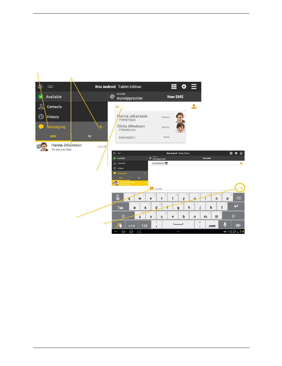 2 sending an sms, Sending an sms | CounterPath Bria Android Tablet Edition 3.0 User Guide User Manual | Page 38 / 70