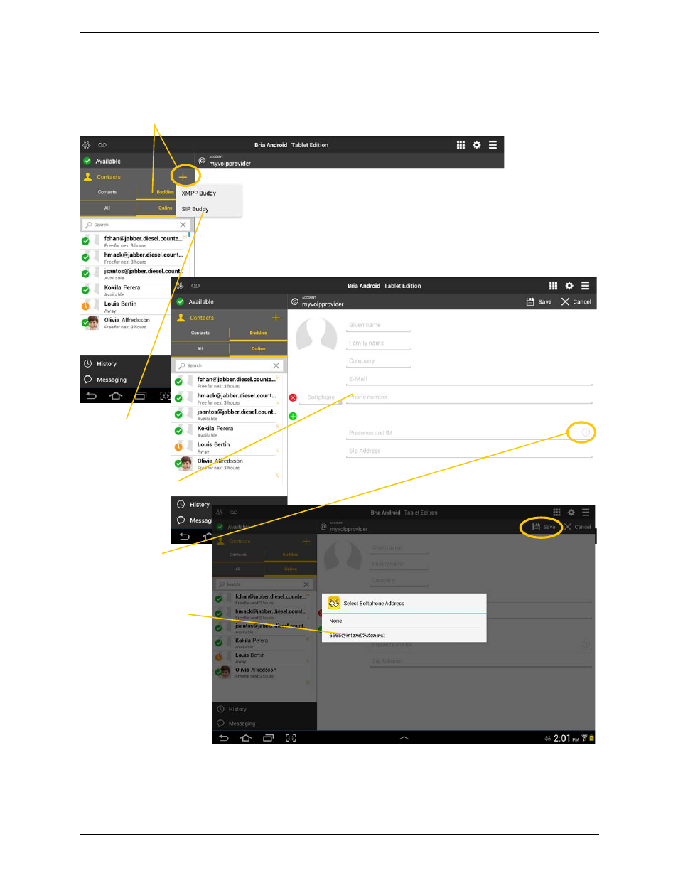 Adding a new contact as a buddy | CounterPath Bria Android Tablet Edition 3.0 User Guide User Manual | Page 45 / 70