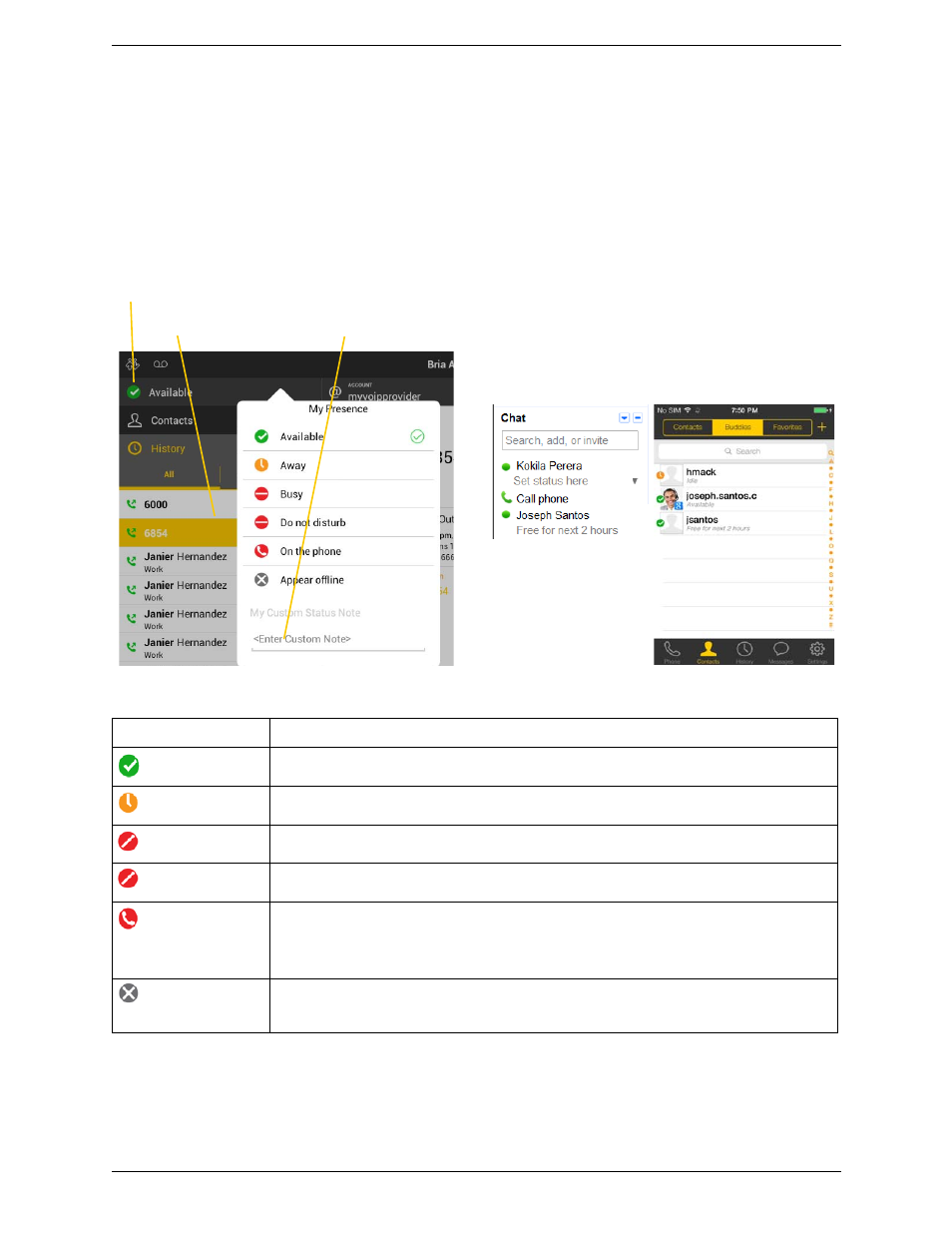 6 setting your own status, Setting your own status | CounterPath Bria Android Tablet Edition 3.0 User Guide User Manual | Page 46 / 70