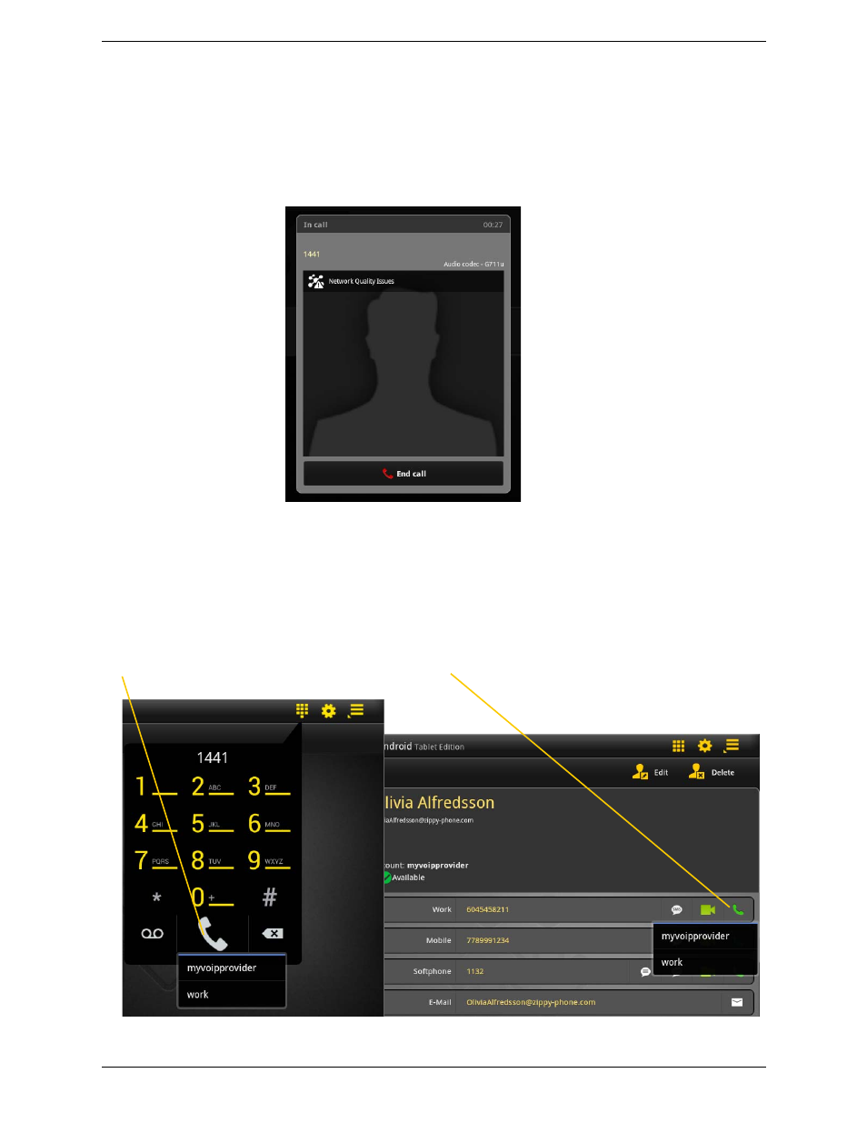 Making a call from another account | CounterPath Bria Android Tablet Edition 2.3 User Guide User Manual | Page 17 / 60