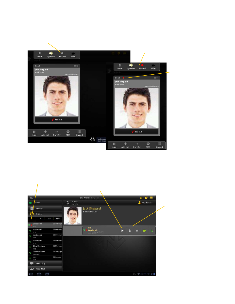 5 recording calls, Recording calls | CounterPath Bria Android Tablet Edition 2.3 User Guide User Manual | Page 21 / 60
