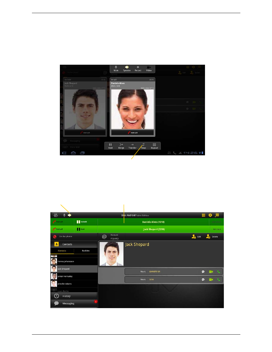 7 handling two established calls, Handling two established calls | CounterPath Bria Android Tablet Edition 2.3 User Guide User Manual | Page 24 / 60