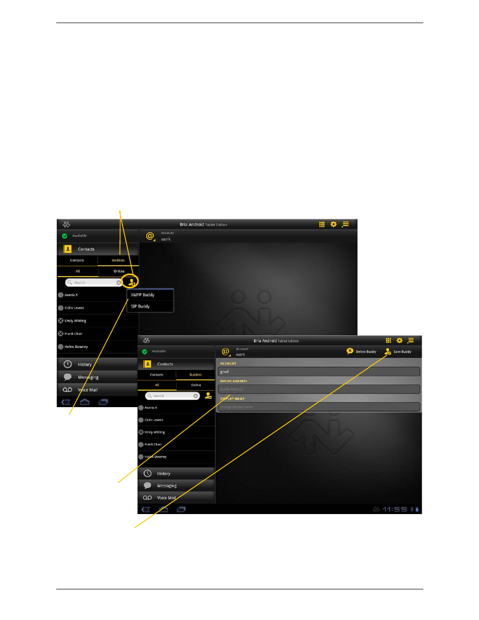 4 viewing others’ status (adding a buddy), Viewing others’ status (adding a buddy), Xmpp accounts | CounterPath Bria Android Tablet Edition 2.3 User Guide User Manual | Page 38 / 60