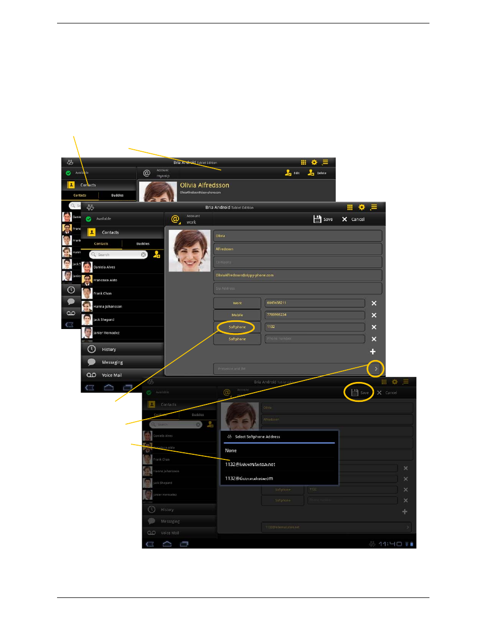 Sip accounts, Editing an existing contact to see online status | CounterPath Bria Android Tablet Edition 2.3 User Guide User Manual | Page 39 / 60