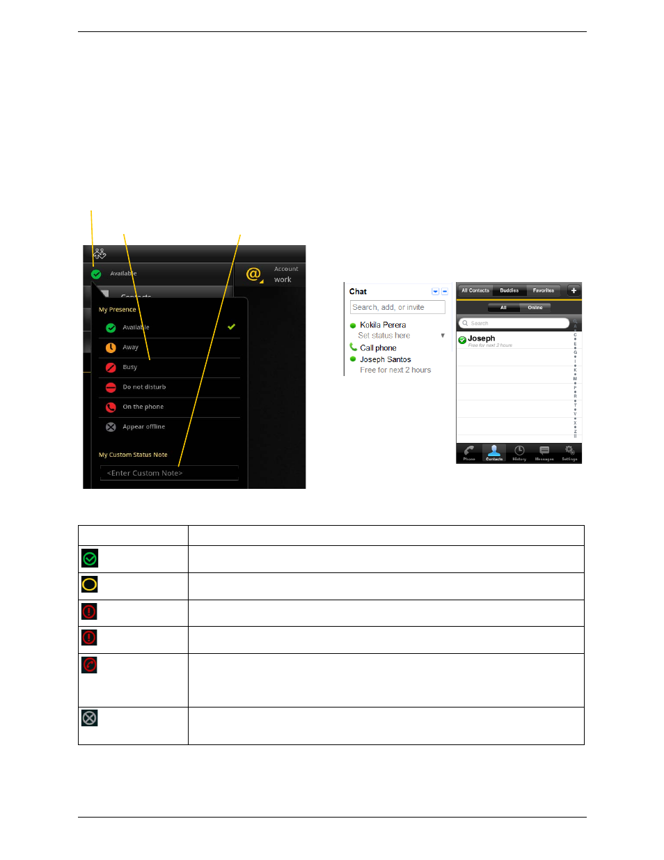 5 setting your own status, Setting your own status | CounterPath Bria Android Tablet Edition 2.3 User Guide User Manual | Page 41 / 60