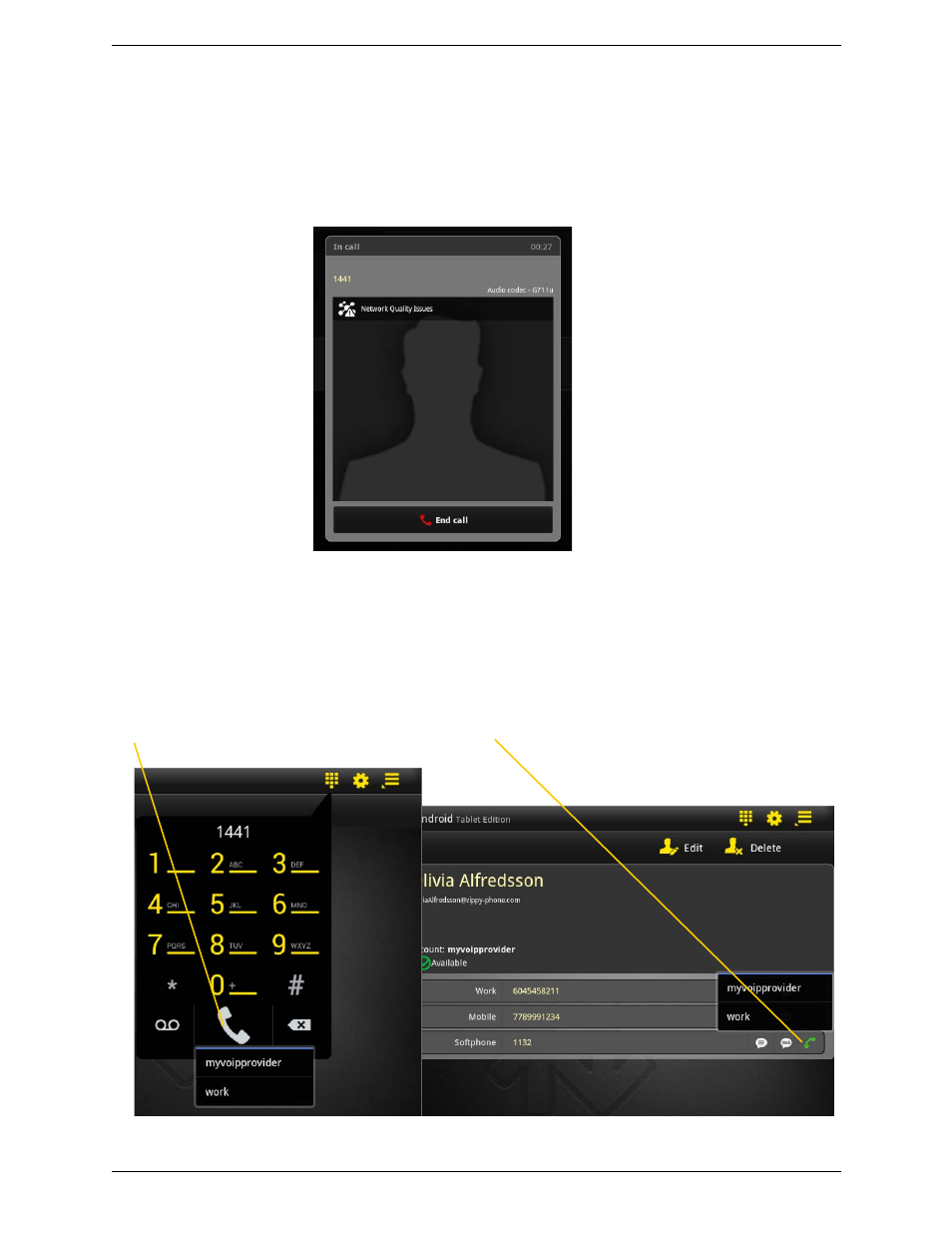 Making a call from another account | CounterPath Bria Android Tablet Edition 2.0 User Guide User Manual | Page 17 / 60