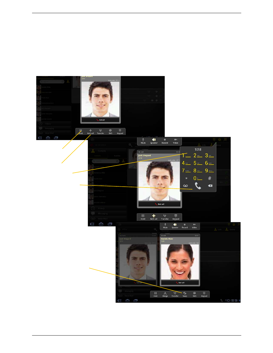 6 placing a second bria call, Placing a second bria call, Using the dialpad | CounterPath Bria Android Tablet Edition 2.0 User Guide User Manual | Page 22 / 60