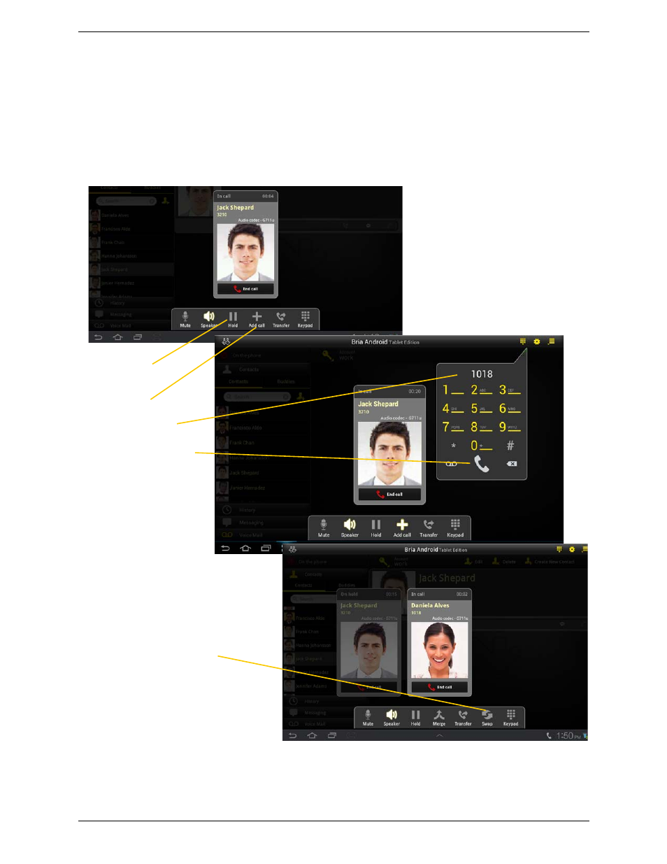 5 placing a second bria call, Placing a second bria call, Using the dialpad | CounterPath Bria Android Tablet Edition 1.2 User Guide User Manual | Page 19 / 52