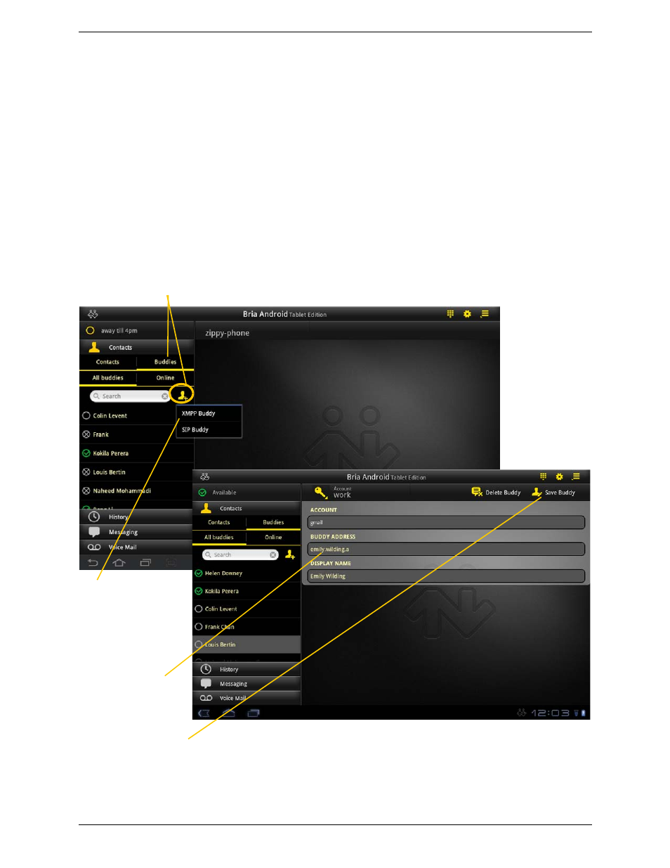 4 viewing others’ status (adding a buddy), Viewing others’ status (adding a buddy), Xmpp accounts | CounterPath Bria Android Tablet Edition 1.2 User Guide User Manual | Page 31 / 52