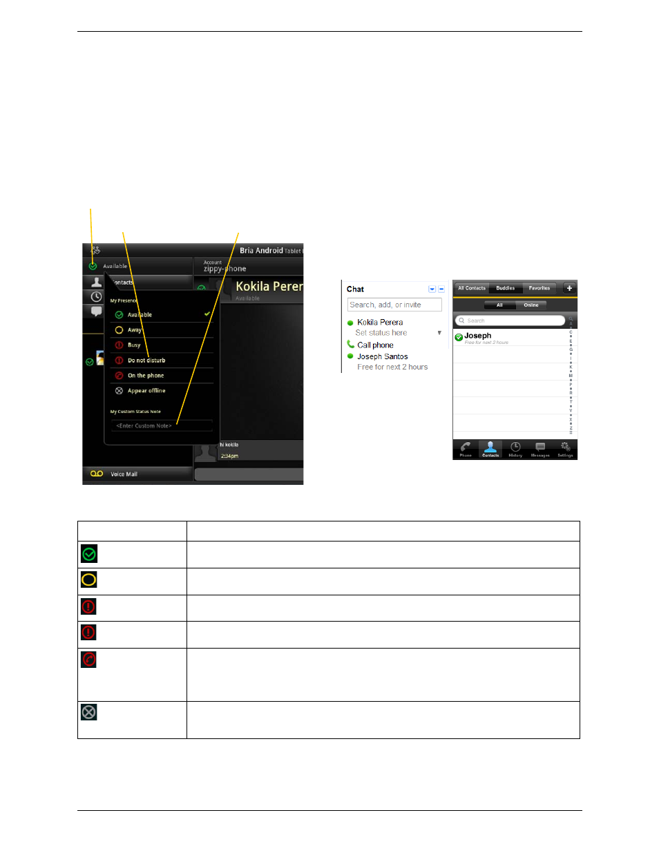 5 setting your own status, Setting your own status | CounterPath Bria Android Tablet Edition 1.2 User Guide User Manual | Page 34 / 52
