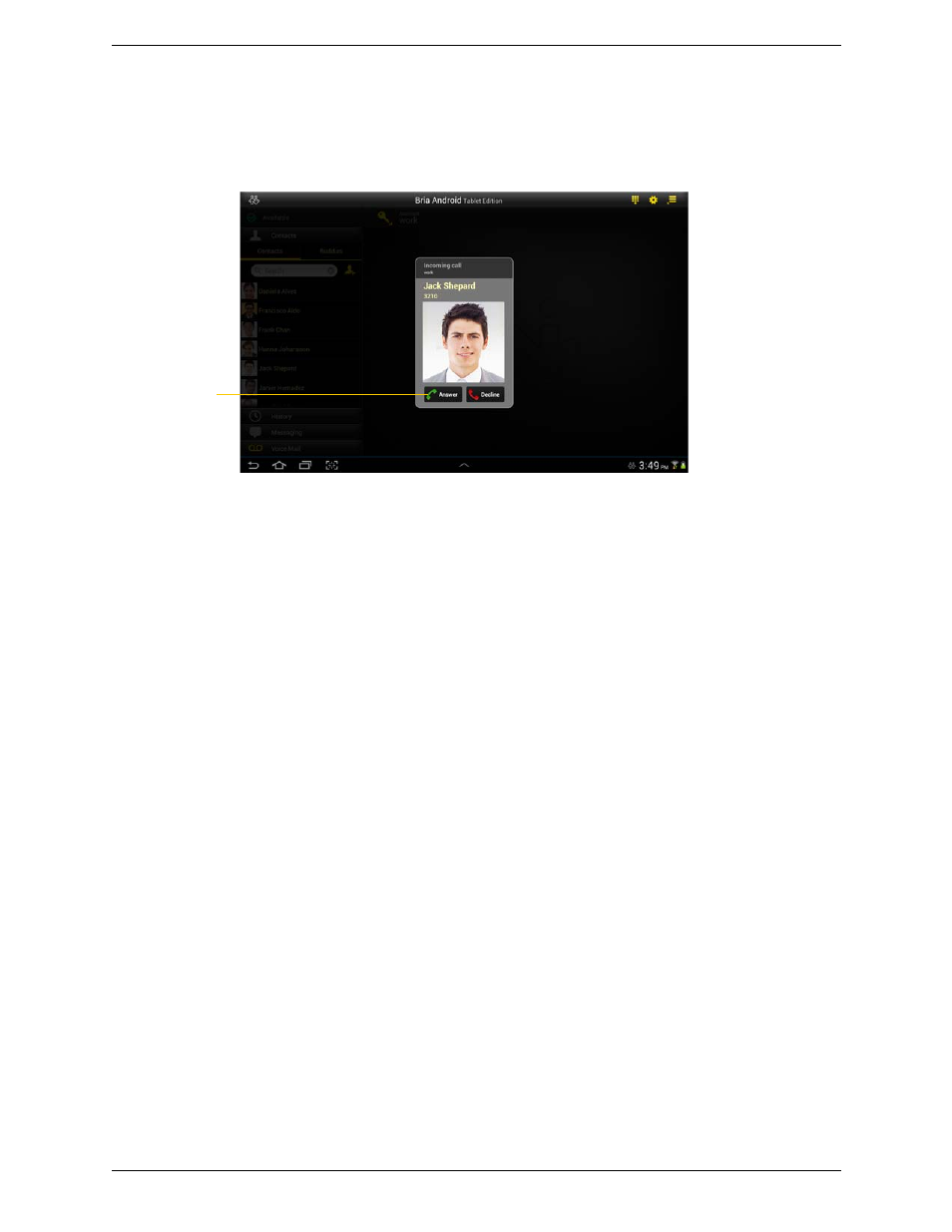 3 handling incoming calls, Handling incoming calls | CounterPath Bria Android Tablet Edition 1.1 User Guide User Manual | Page 17 / 52