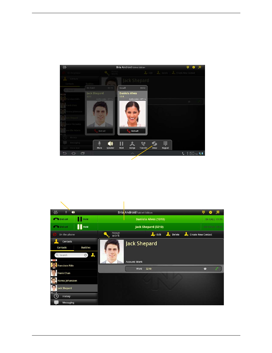 6 handling two established calls, Handling two established calls | CounterPath Bria Android Tablet Edition 1.1 User Guide User Manual | Page 21 / 52