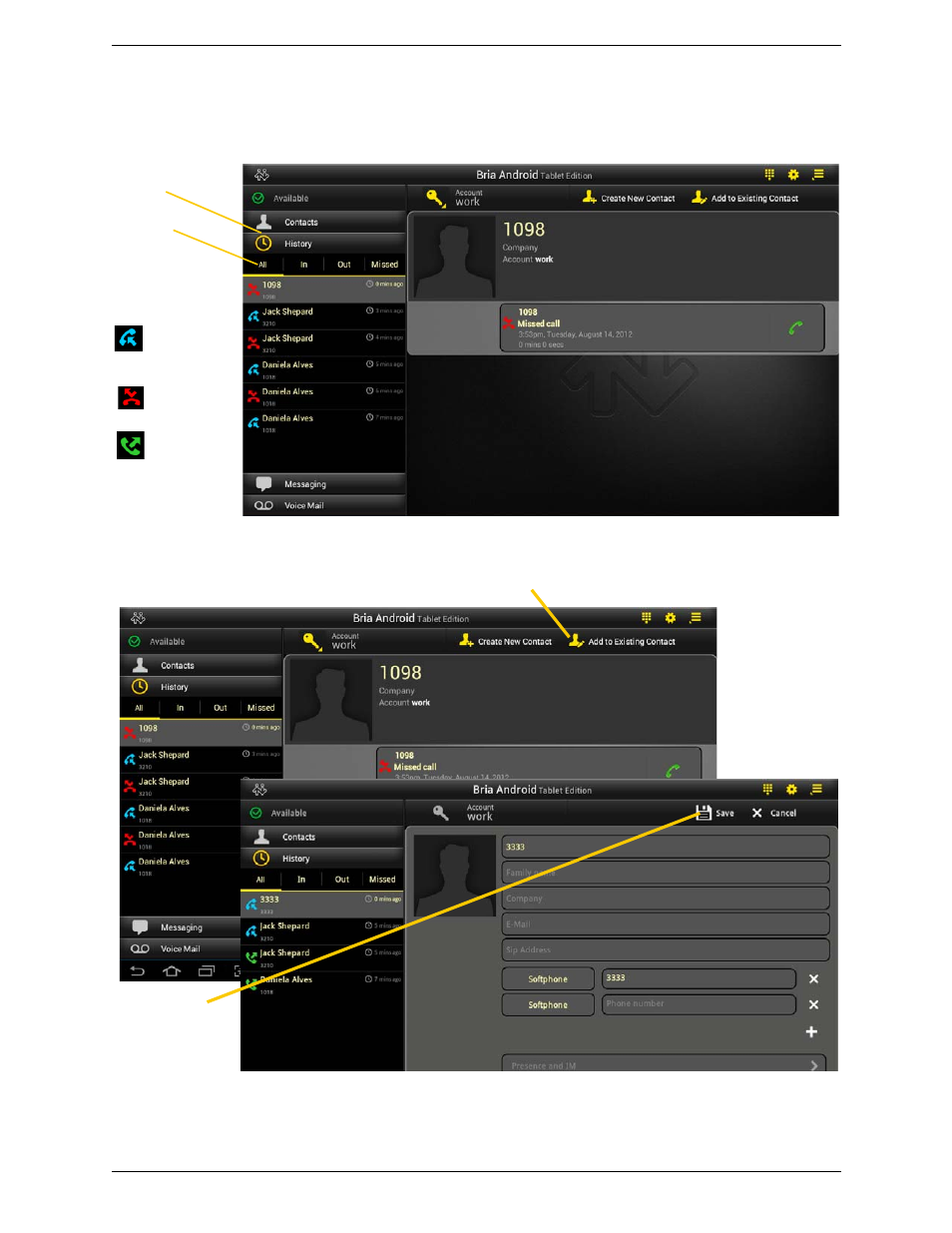 10 history, History, Adding a contact from the history | CounterPath Bria Android Tablet Edition 1.1 User Guide User Manual | Page 25 / 52