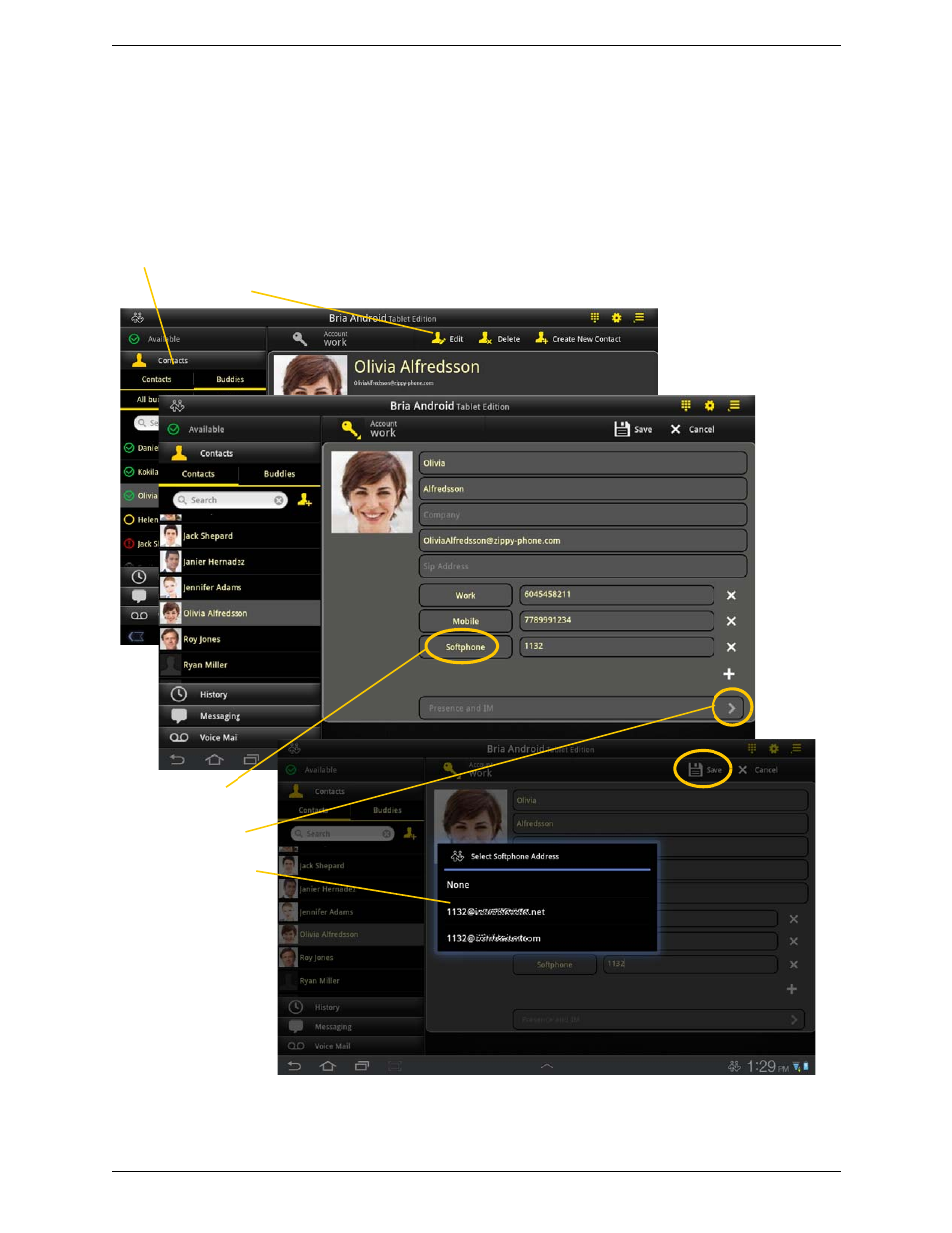 Sip accounts, Editing an existing contact to see online status | CounterPath Bria Android Tablet Edition 1.1 User Guide User Manual | Page 32 / 52