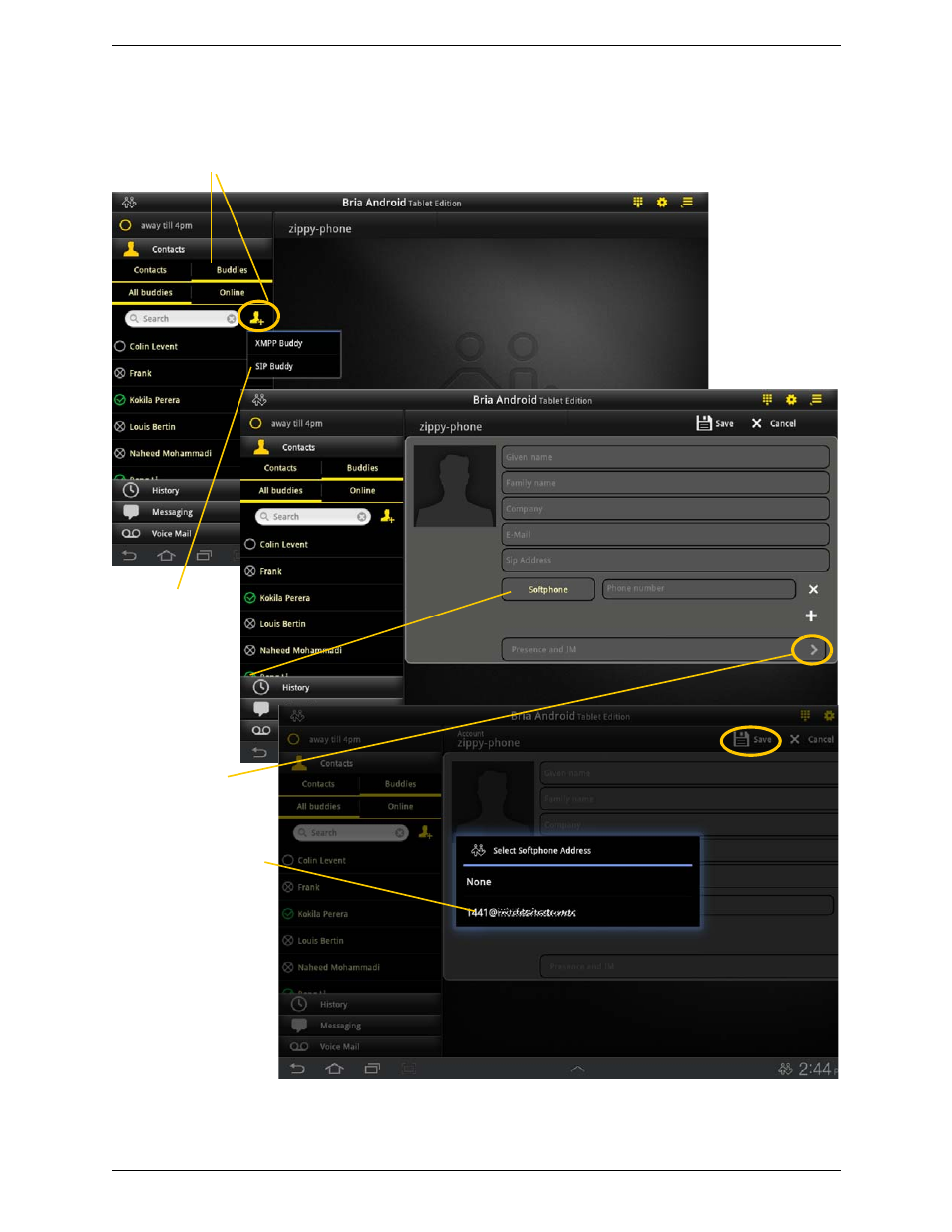 Adding a new contact as a buddy | CounterPath Bria Android Tablet Edition 1.1 User Guide User Manual | Page 33 / 52