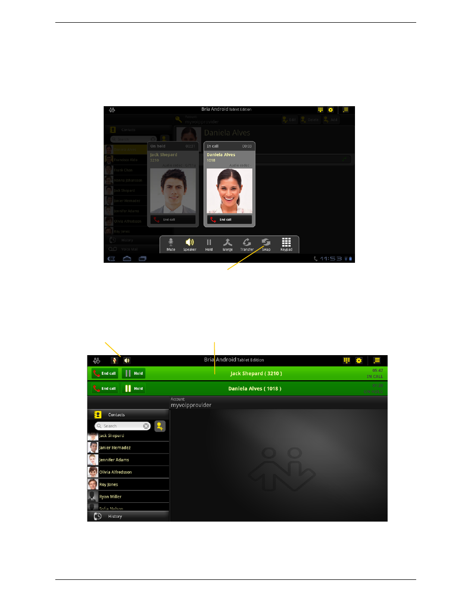 6 handling two established calls, Handling two established calls | CounterPath Bria Android Tablet Edition 1.0.3 User Guide User Manual | Page 17 / 36