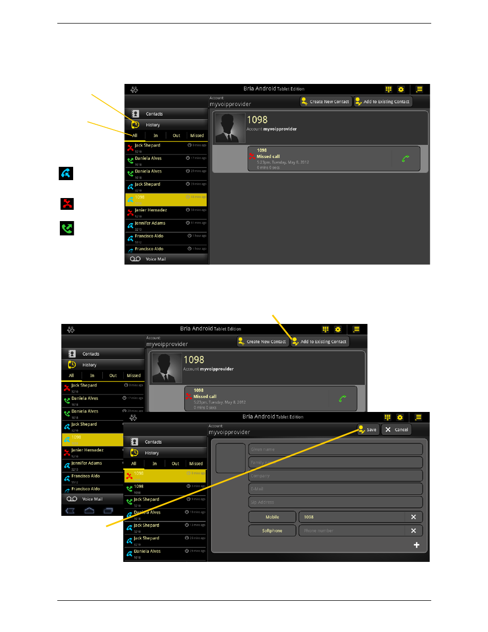10 history, History, Adding a contact from the history | CounterPath Bria Android Tablet Edition 1.0.3 User Guide User Manual | Page 20 / 36