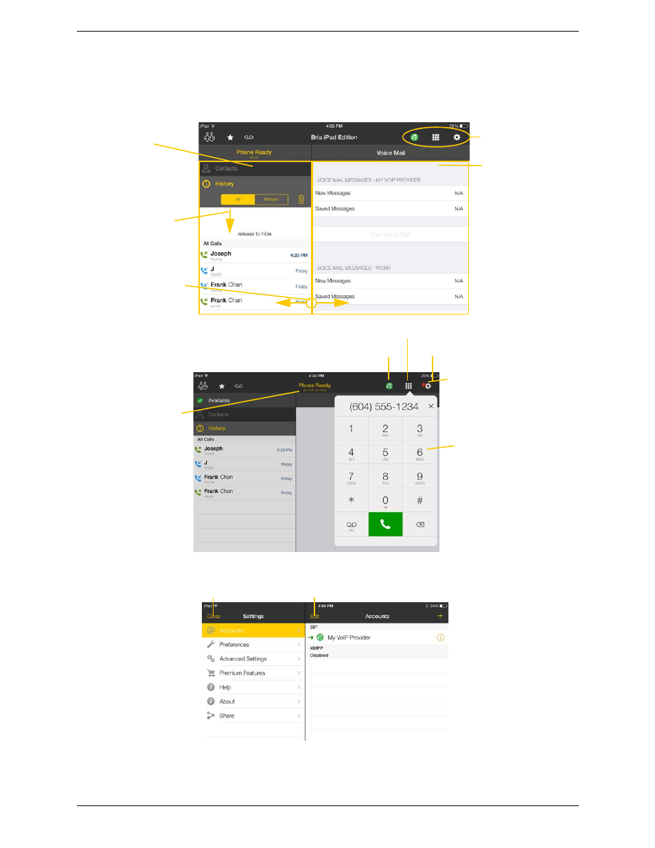 2 using the bria interface, Using the bria interface | CounterPath Bria iPad Edition 3.0 User Guide User Manual | Page 18 / 80