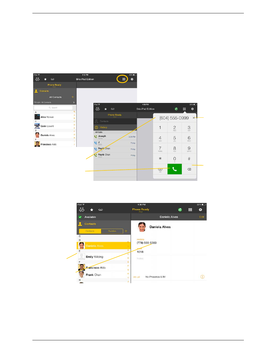 3 placing a call, Placing a call | CounterPath Bria iPad Edition 3.0 User Guide User Manual | Page 19 / 80