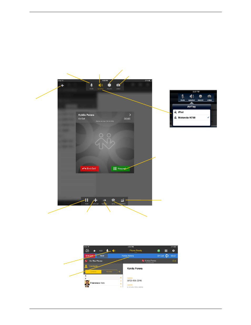 5 handling one established call, Handling one established call, Call in foreground call in background (minimized) | CounterPath Bria iPad Edition 3.0 User Guide User Manual | Page 23 / 80