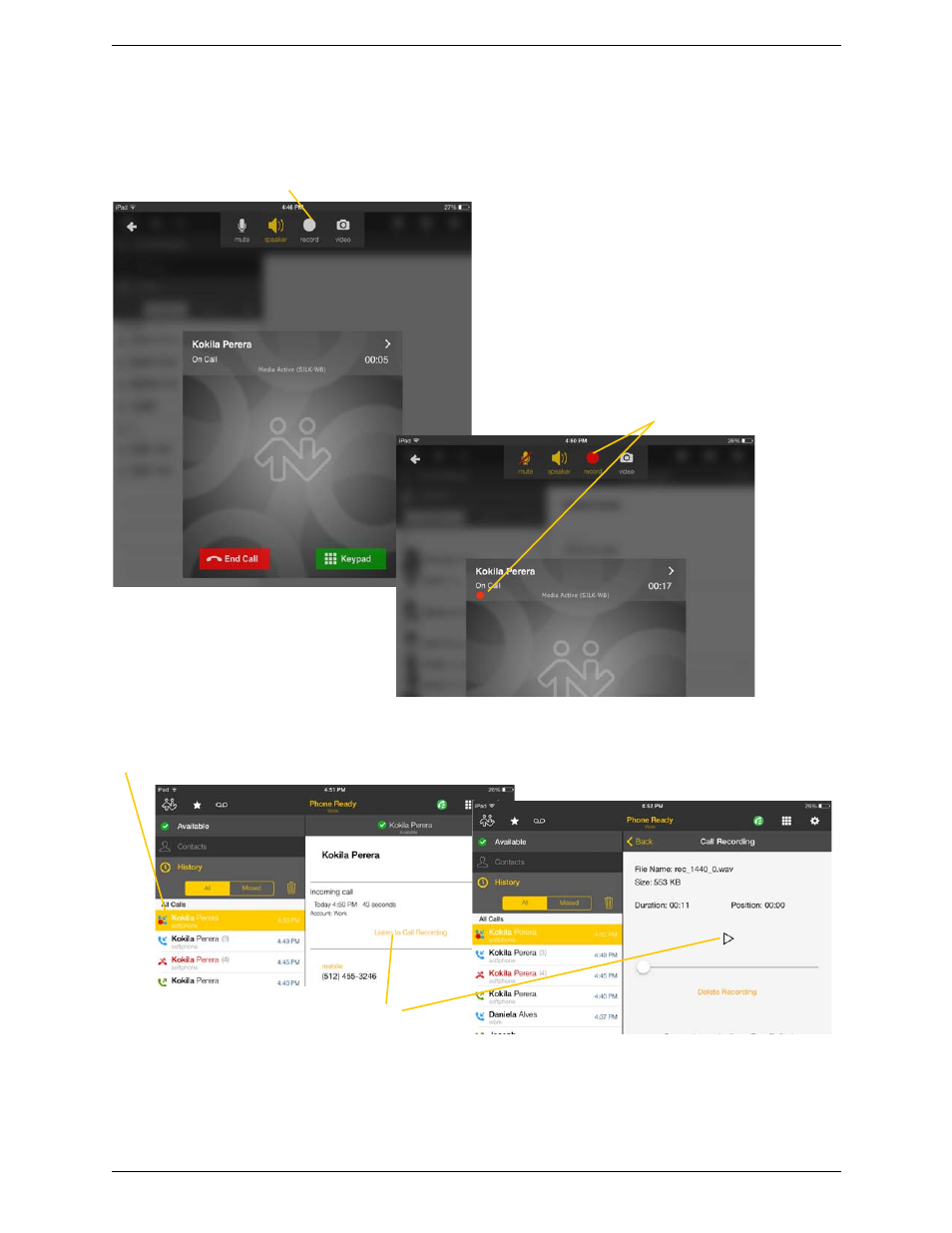 6 recording calls, Recording calls | CounterPath Bria iPad Edition 3.0 User Guide User Manual | Page 24 / 80