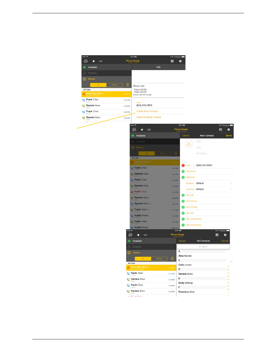 Creating a contact from history | CounterPath Bria iPad Edition 3.0 User Guide User Manual | Page 35 / 80