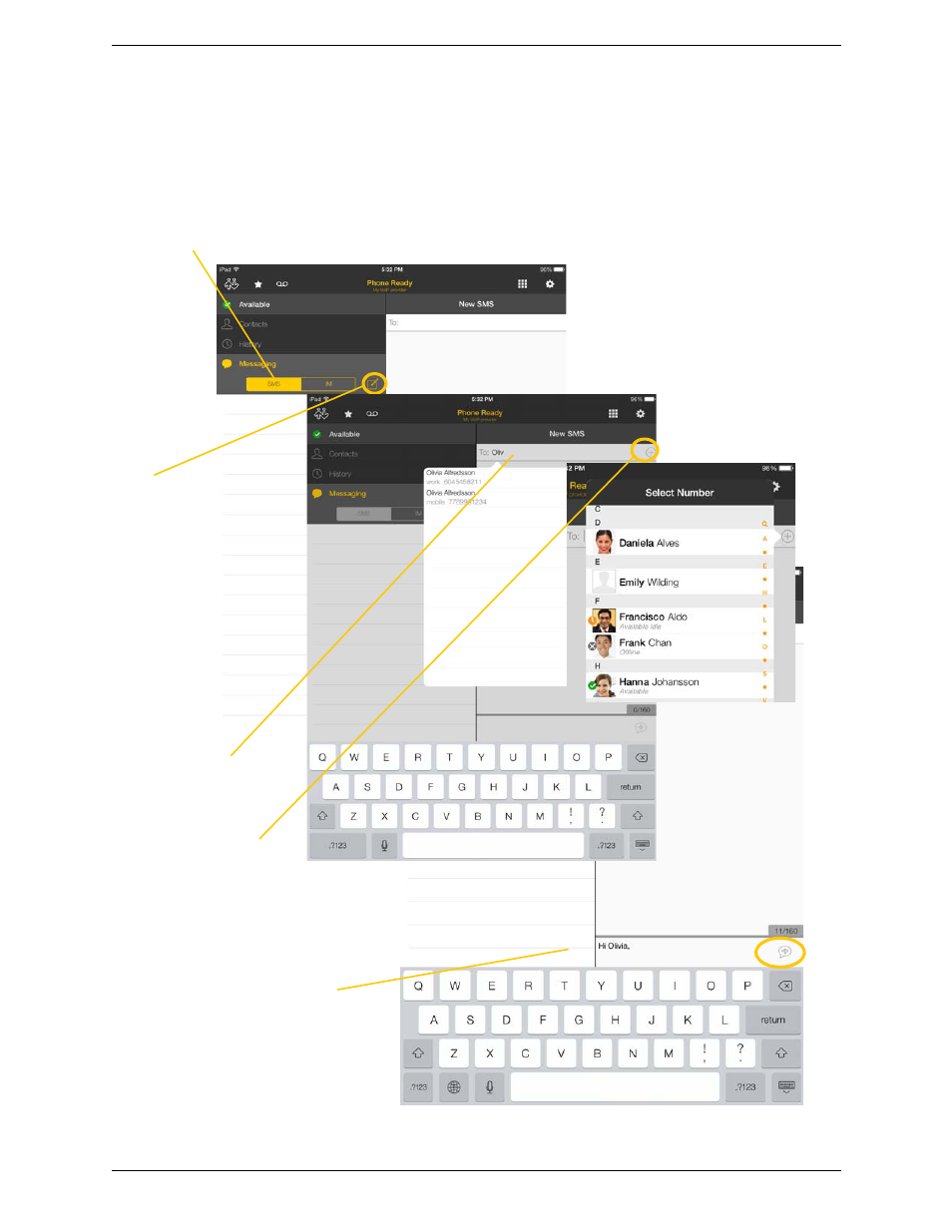 2 sending an sms, Sending an sms | CounterPath Bria iPad Edition 3.0 User Guide User Manual | Page 41 / 80