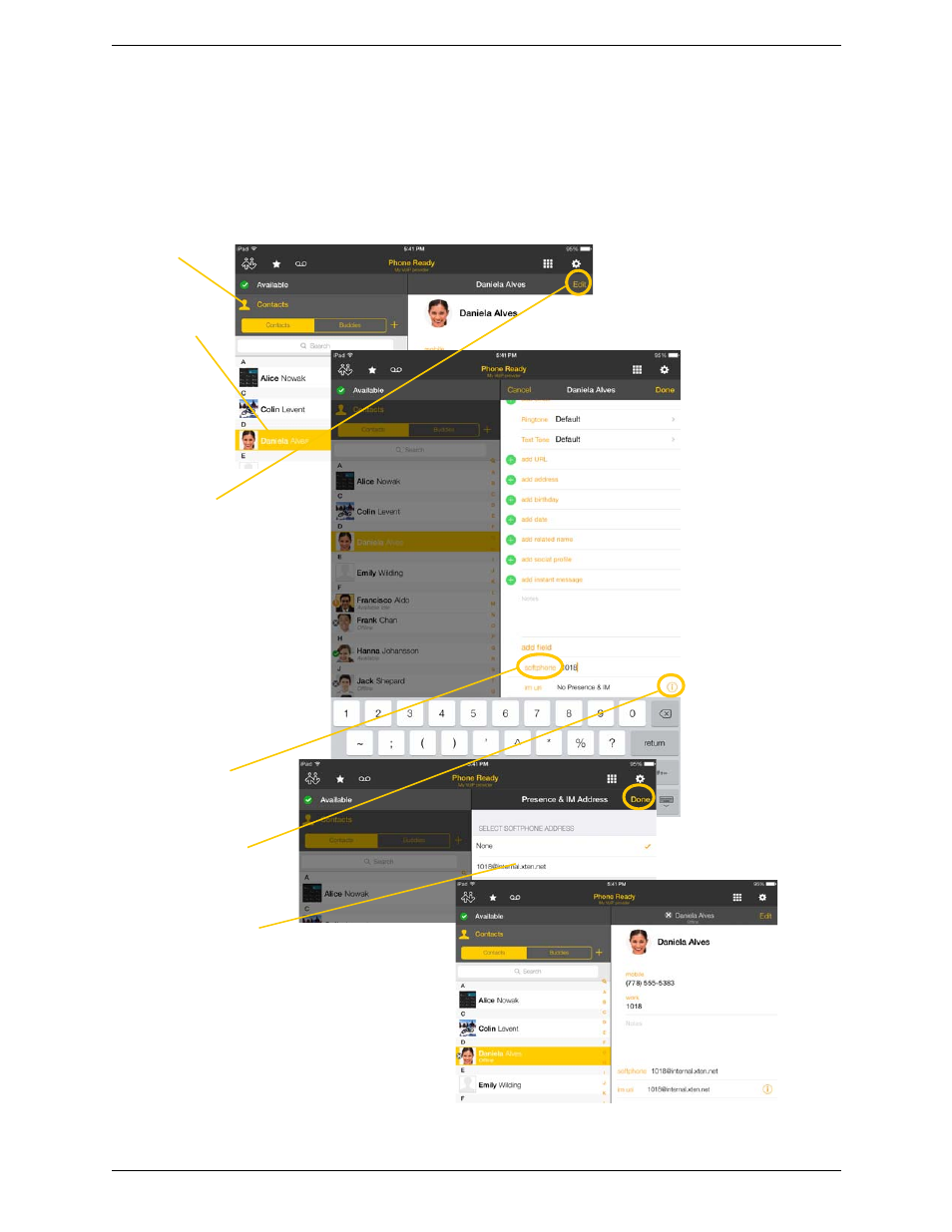 Sip accounts, Editing an existing contact to see online status | CounterPath Bria iPad Edition 3.0 User Guide User Manual | Page 49 / 80