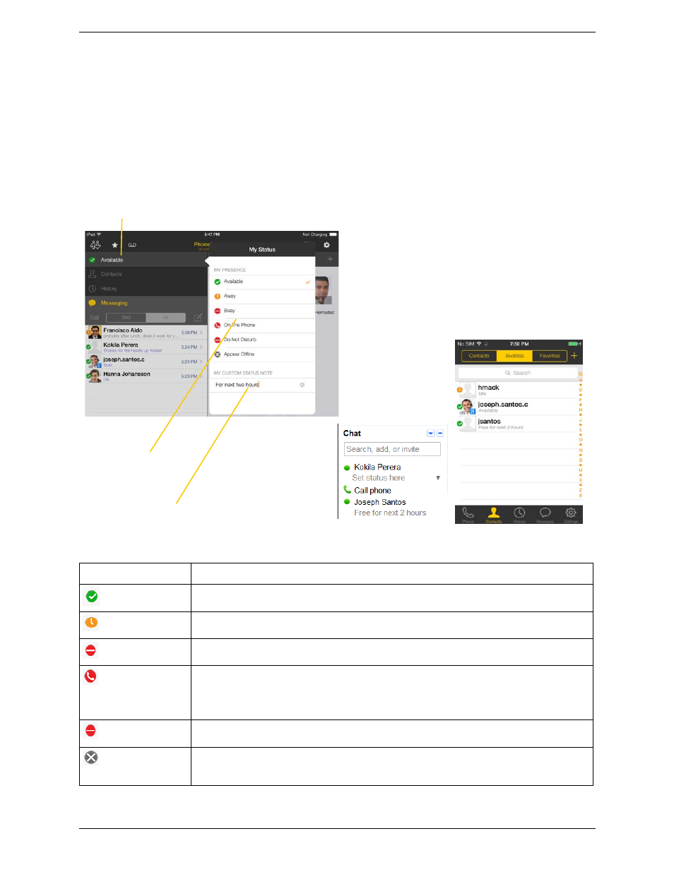7 setting your own status, Setting your own status | CounterPath Bria iPad Edition 3.0 User Guide User Manual | Page 51 / 80