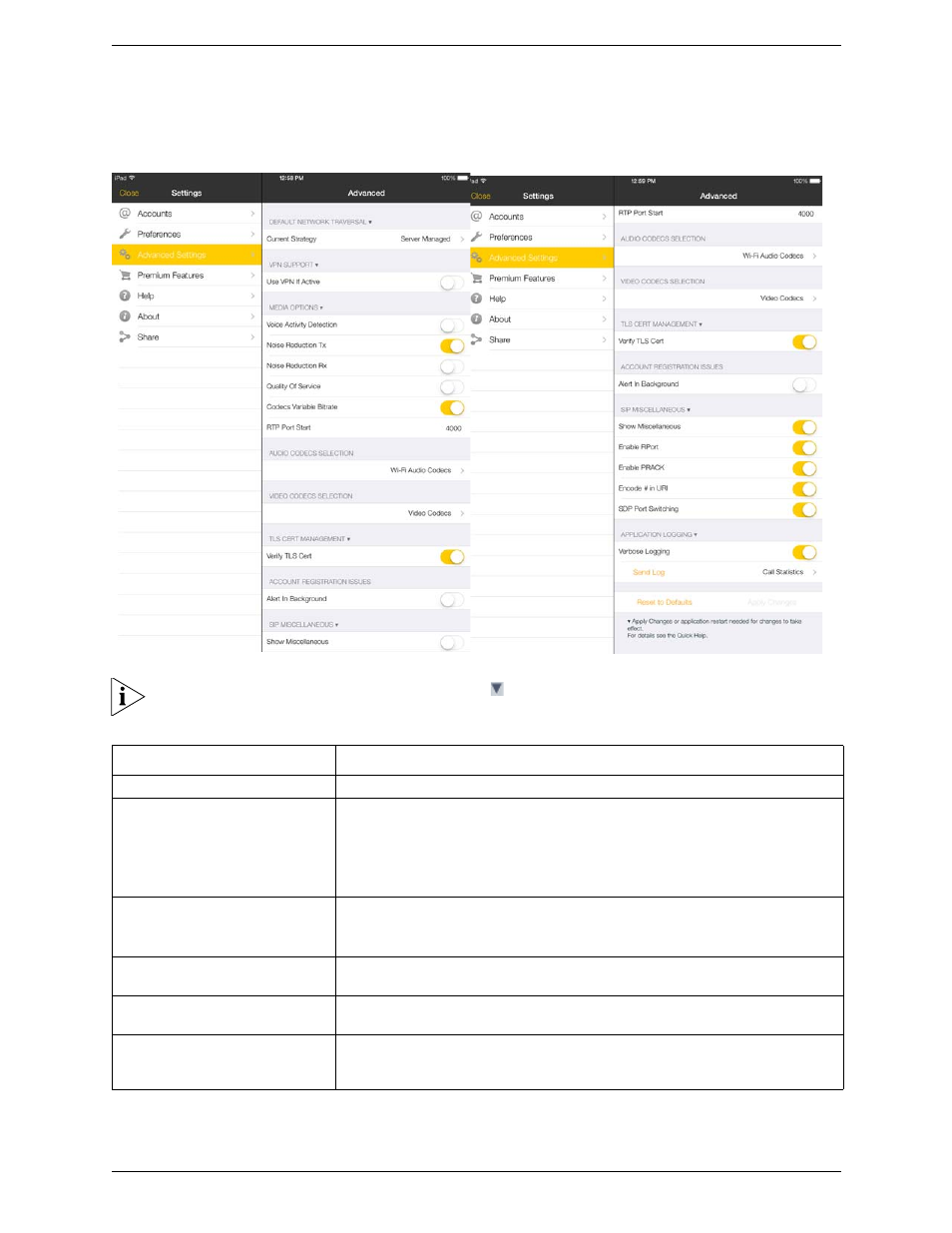 3 advanced settings, Advanced settings | CounterPath Bria iPad Edition 3.0 User Guide User Manual | Page 64 / 80