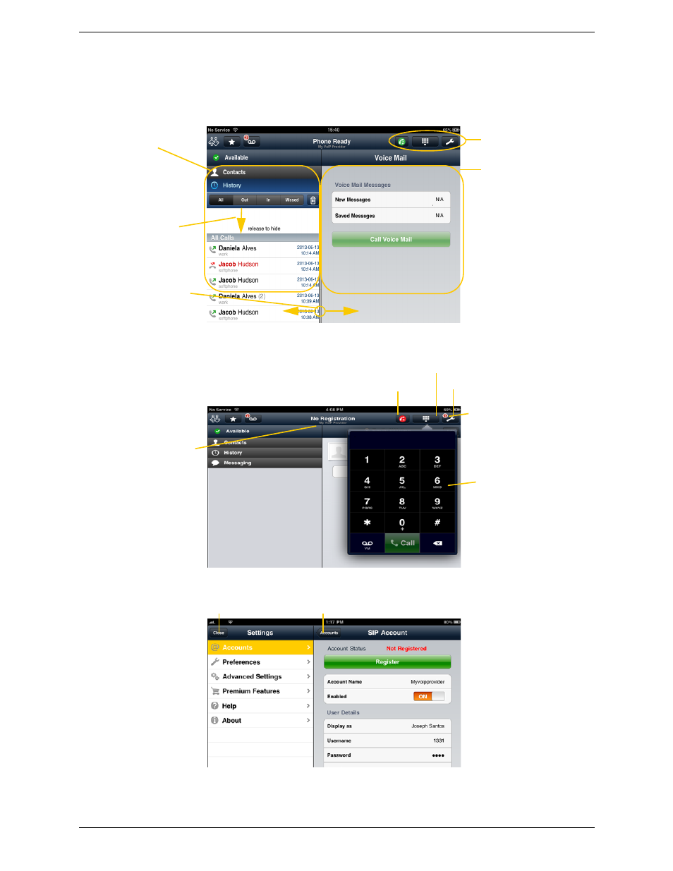 2 using the bria interface, Using the bria interface | CounterPath Bria iPad Edition 2.5 User Guide User Manual | Page 16 / 78