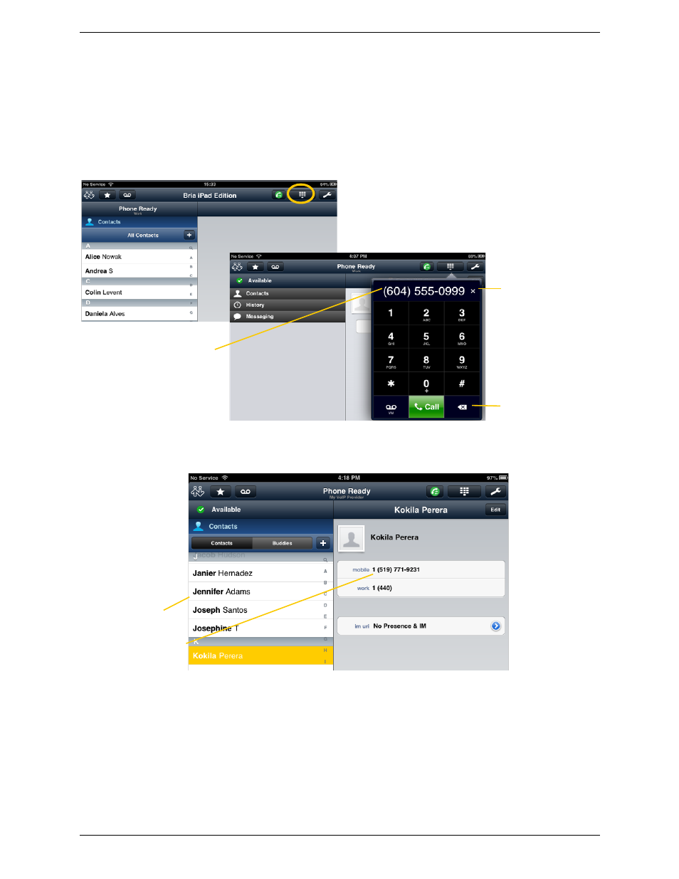 3 placing a call, Placing a call | CounterPath Bria iPad Edition 2.5 User Guide User Manual | Page 17 / 78