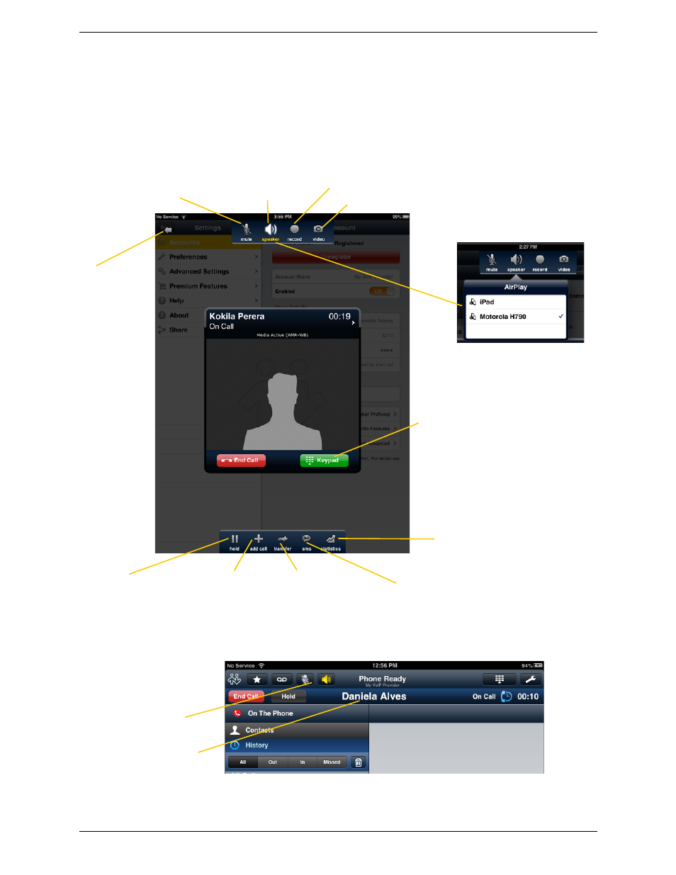 5 handling one established call, Handling one established call, Call in foreground call in background (minimized) | CounterPath Bria iPad Edition 2.5 User Guide User Manual | Page 21 / 78