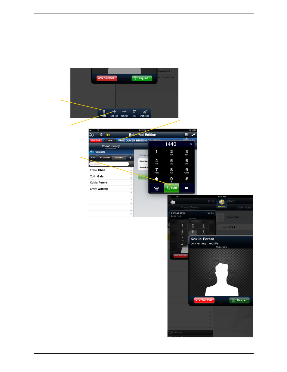 7 placing a second bria call, Placing a second bria call, Using the dialpad | CounterPath Bria iPad Edition 2.5 User Guide User Manual | Page 23 / 78
