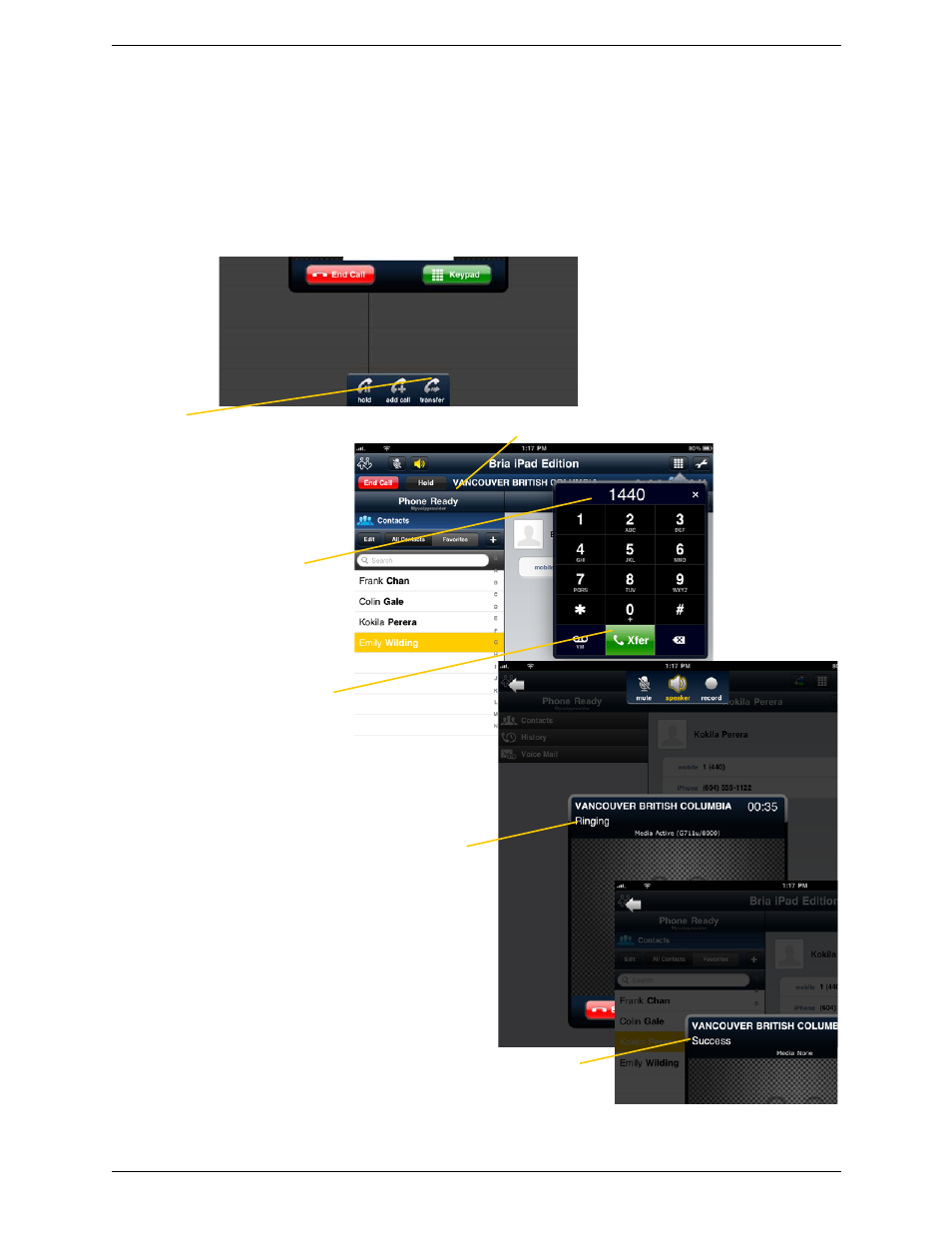 9 unattended (blind) transfer, Unattended (blind) transfer, Using the dialpad | CounterPath Bria iPad Edition 2.5 User Guide User Manual | Page 26 / 78