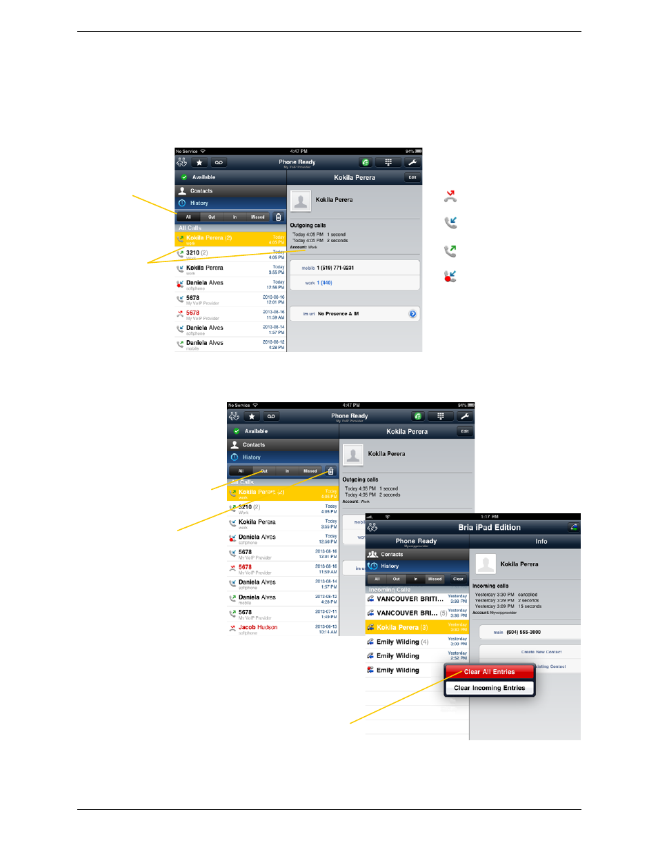 13 call history, Call history, Clearing the history | CounterPath Bria iPad Edition 2.5 User Guide User Manual | Page 32 / 78