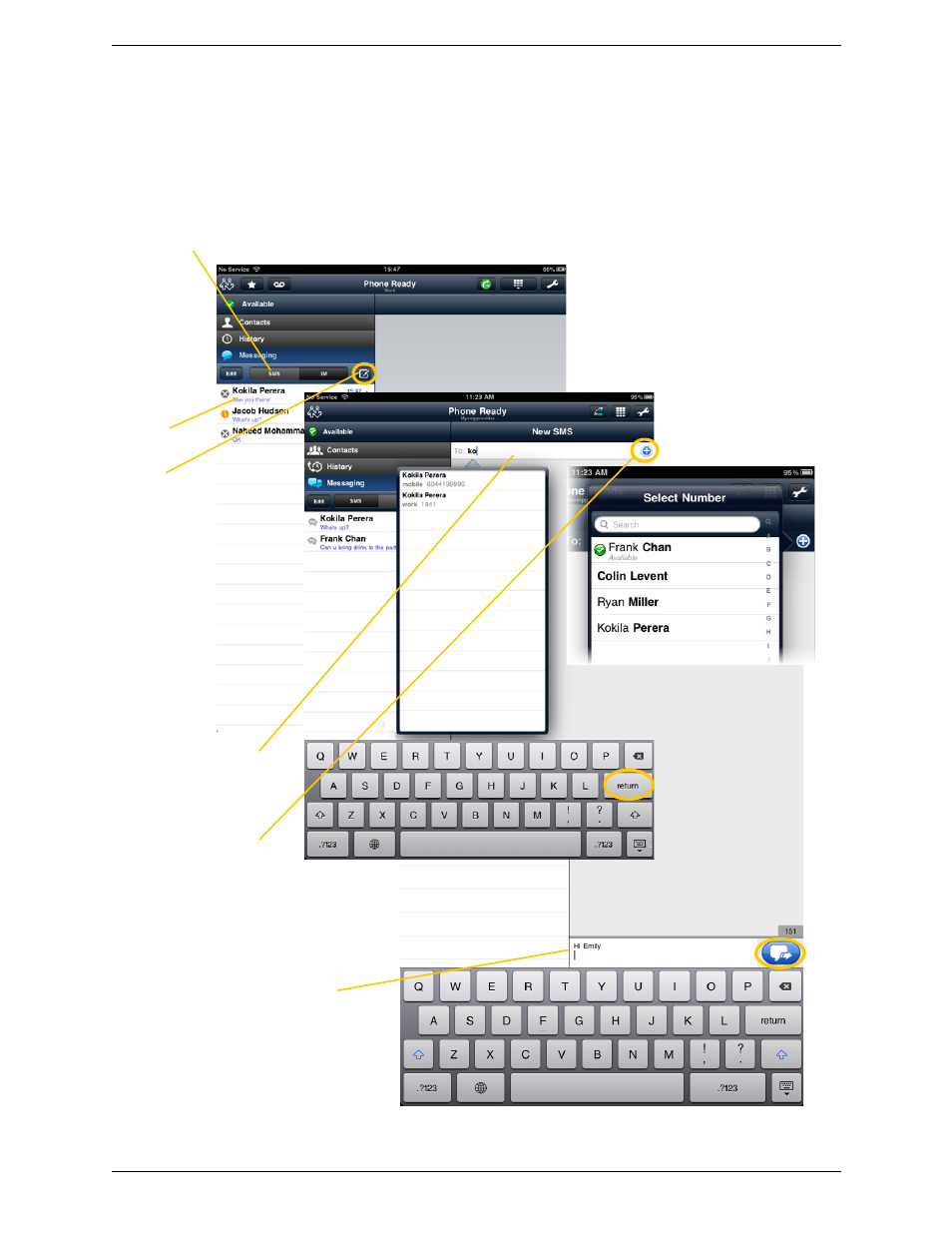 2 sending an sms, Sending an sms | CounterPath Bria iPad Edition 2.5 User Guide User Manual | Page 39 / 78