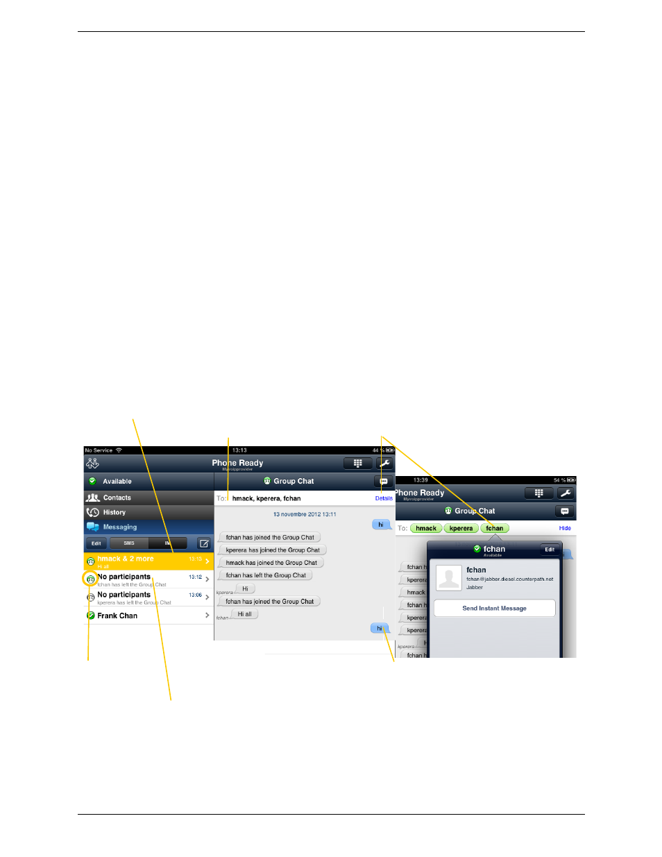 5 starting xmpp group chat, Starting xmpp group chat | CounterPath Bria iPad Edition 2.5 User Guide User Manual | Page 43 / 78