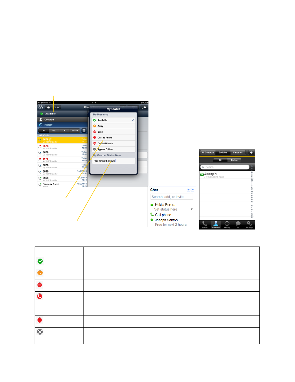 7 setting your own status, Setting your own status | CounterPath Bria iPad Edition 2.5 User Guide User Manual | Page 49 / 78