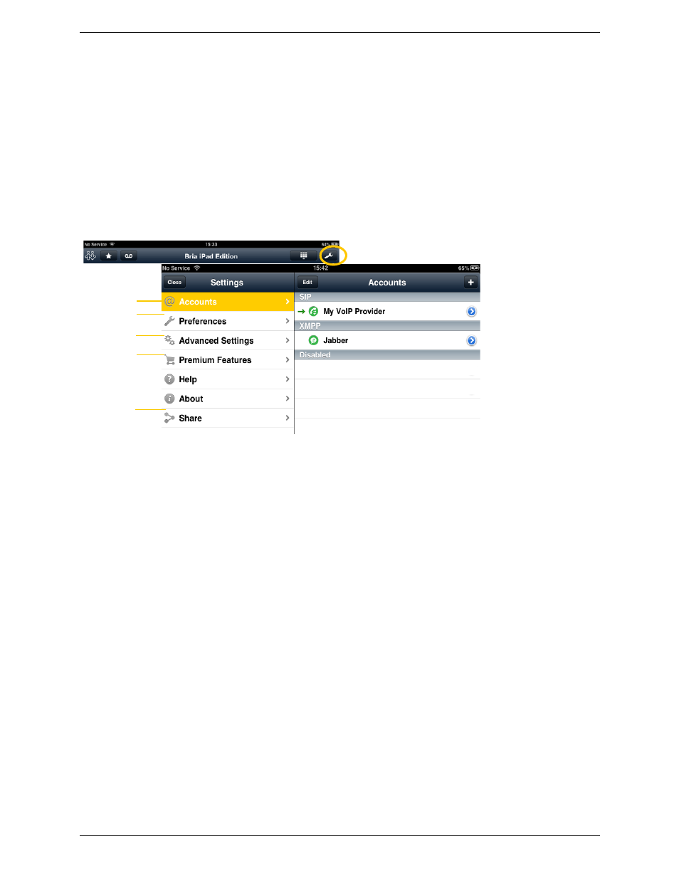 5 settings, Settings, 5settings | CounterPath Bria iPad Edition 2.5 User Guide User Manual | Page 51 / 78