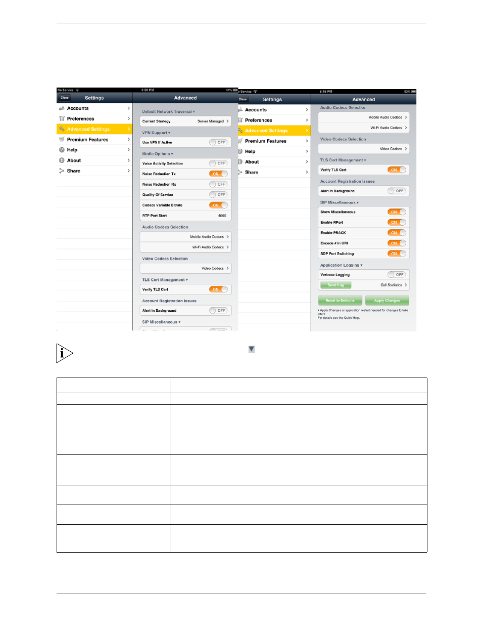 3 advanced settings, Advanced settings | CounterPath Bria iPad Edition 2.5 User Guide User Manual | Page 62 / 78