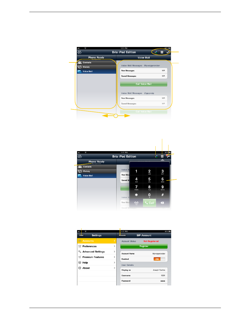 2 using the bria interface, Using the bria interface | CounterPath Bria iPad Edition 2.4.2 User Guide User Manual | Page 16 / 76