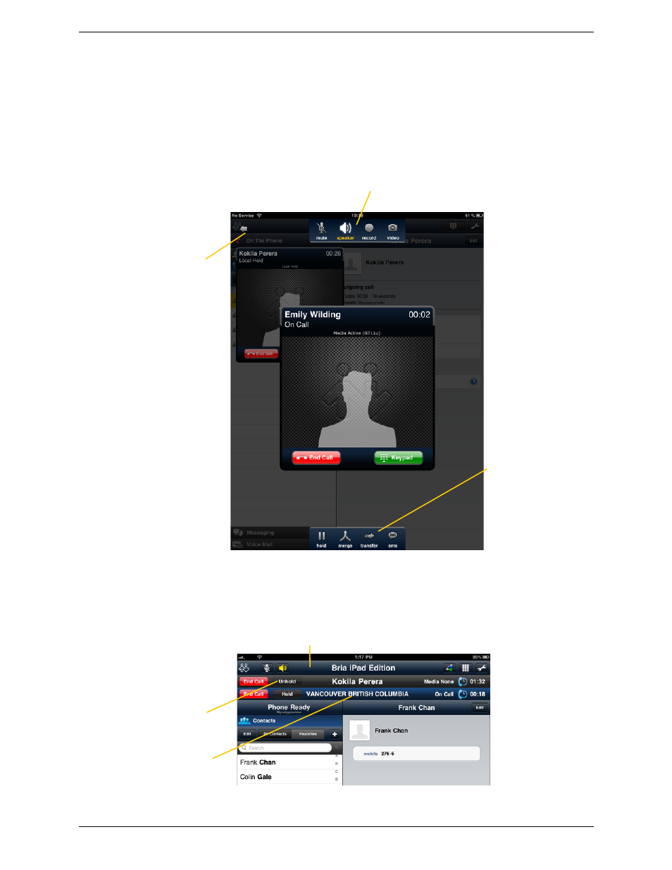 8 handling two established calls, Handling two established calls | CounterPath Bria iPad Edition 2.4.2 User Guide User Manual | Page 25 / 76