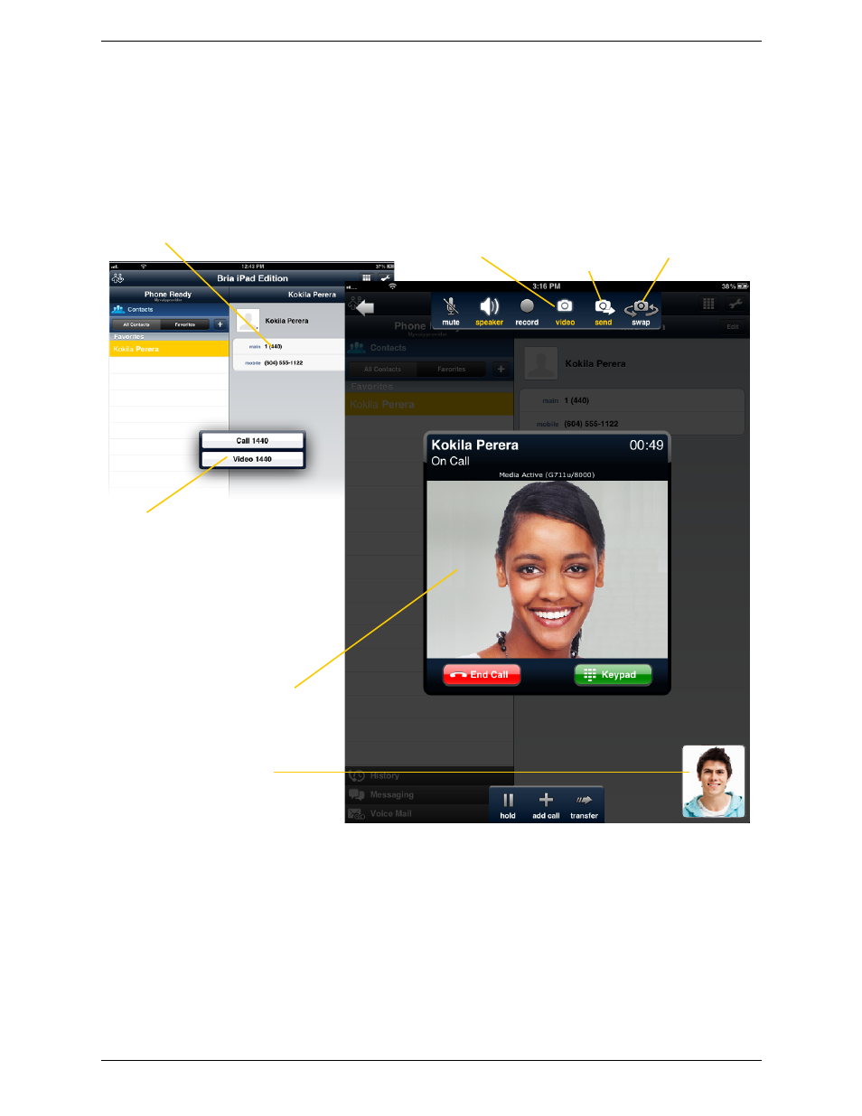 12 handling video calls, Handling video calls | CounterPath Bria iPad Edition 2.4.2 User Guide User Manual | Page 30 / 76
