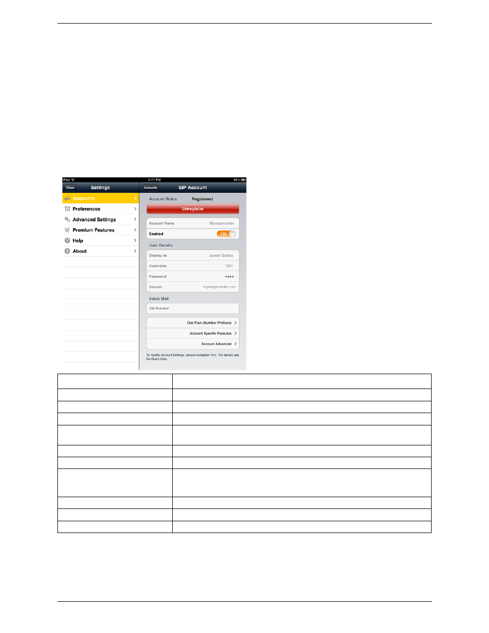 1 accounts, Sip accounts, Accounts | CounterPath Bria iPad Edition 2.4.2 User Guide User Manual | Page 50 / 76