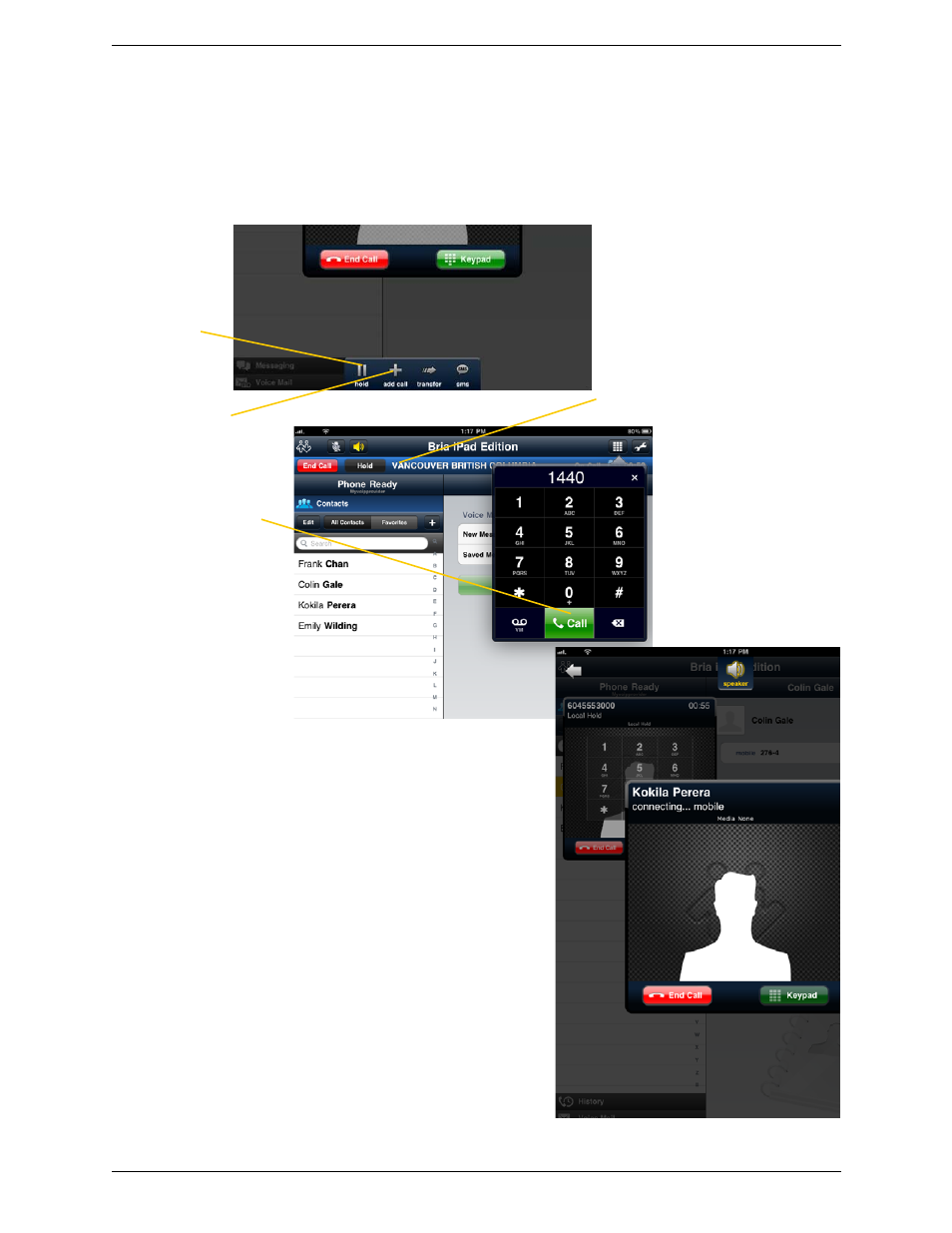 7 placing a second bria call, Placing a second bria call, Using the dialpad | CounterPath Bria iPad Edition 2.4 User Guide User Manual | Page 23 / 76