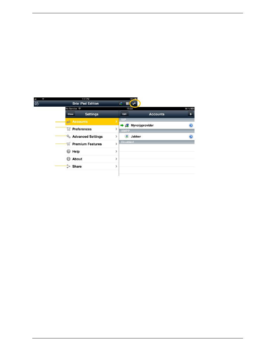 5 settings, Settings, 5settings | CounterPath Bria iPad Edition 2.4 User Guide User Manual | Page 49 / 76