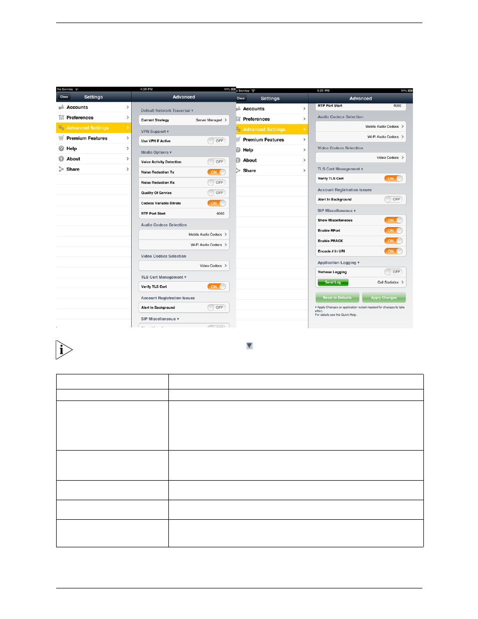 3 advanced settings, Advanced settings | CounterPath Bria iPad Edition 2.4 User Guide User Manual | Page 60 / 76